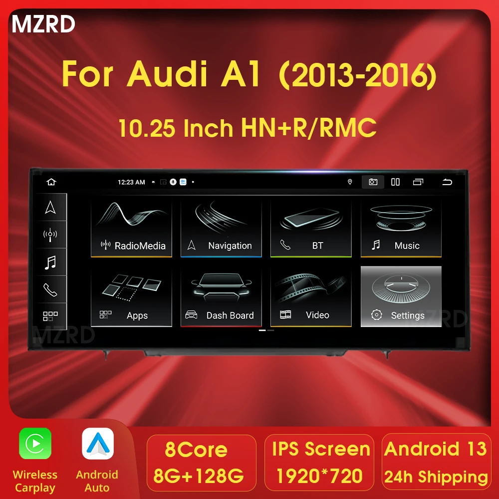 

MZRD 10,25 дюйма 8G + 128G Android 13 Carplay для Audi A1 2013-2018 Автомобильный радиоприемник Мультимедийный плеер Авто головное устройство Bluetooth GPS DSP BT