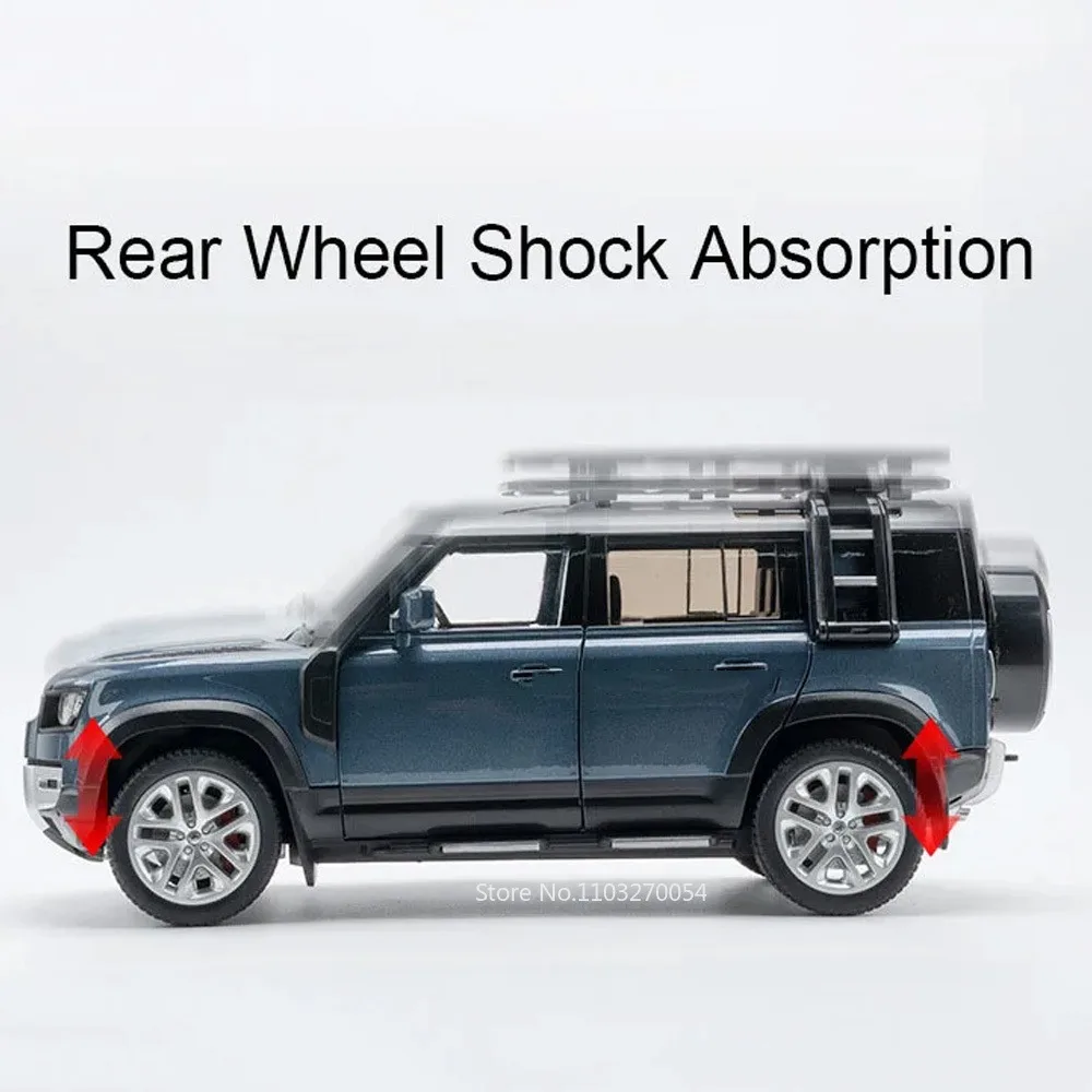 1/18 Land Rover Defender 110 Car Model Toys Alloy Diecast SUV Rubber Tires 6 Door Can Opened Sound Light Vehicles for Kids Gifts