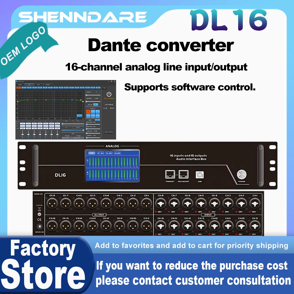 

Аудиоинтерфейс ShennDare DL16 Dante Box — это 16-канальный аналоговый сетевой аудиопередатчик, совместимый с протоколом Dante, поддерживающий управление с помощью программного обеспечения для ПК.