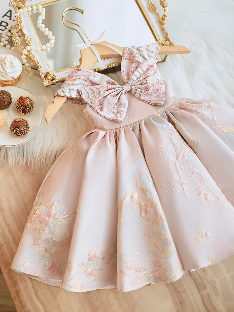 Abiti da principessa per bambini abito formale Tutu con ricamo rosa senza maniche con fiocco abbigliamento da prestazione per bambini abito da sposa per ragazze