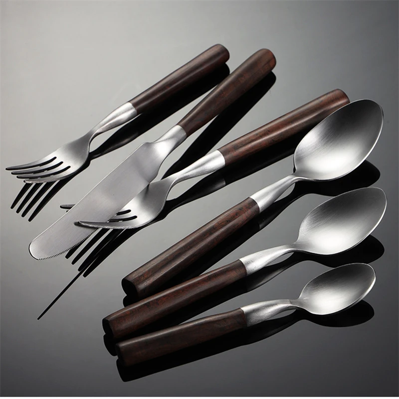 Stainless Steel Cutlery Set Imitation Wooden Handle Sliver Western Dinner Knife Forks Spoon Table Decoration Accessories