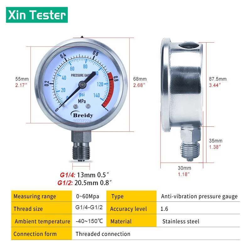 Xin Tester Radial 0-60mpa Hydraulic Water Pressure Gauge Glycerin free Stainless Steel Anti-vibration Manometer G 1/4 G1/2