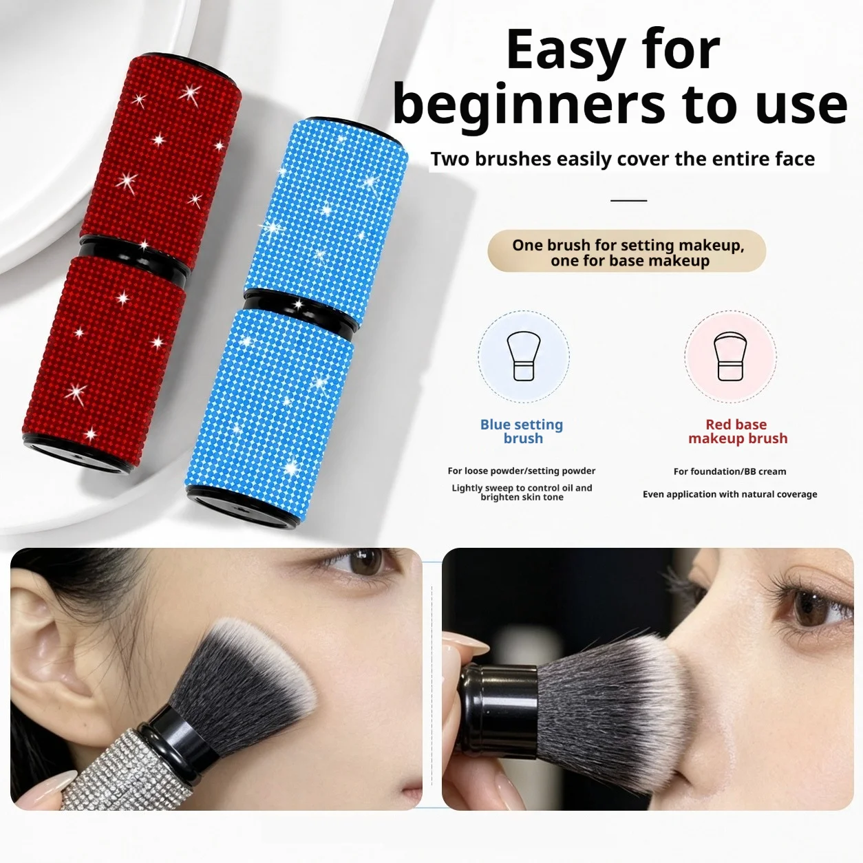 Diamond-encrusted retractable powder makeup brush, portable blush foundation brush, soft-bristled high-density makeup brush