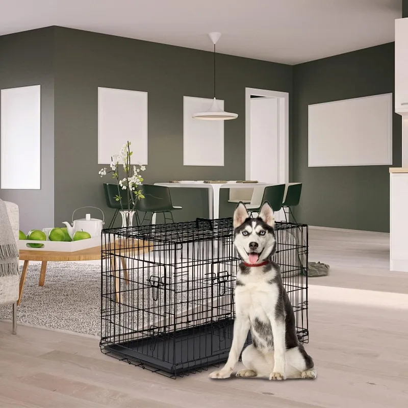 Crate for Large Dogs Folding Metal Pet  Double Door W/Divider Panel Indoor Outdoor Dog Kennel Leak-Proof Plastic Tray Wire Anima