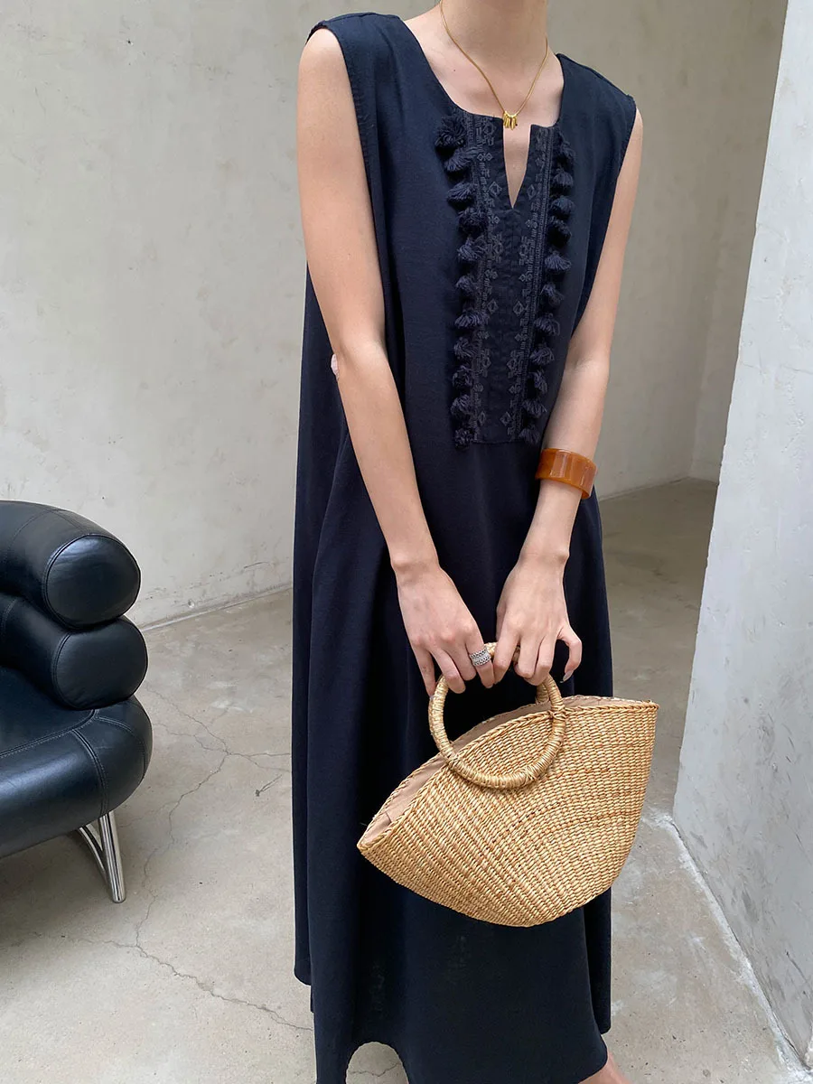 Sommerliches, lässiges, einfarbiges, ärmelloses Westenkleid für Damen mit V-Ausschnitt, Stickerei und Quasten – Detail 22