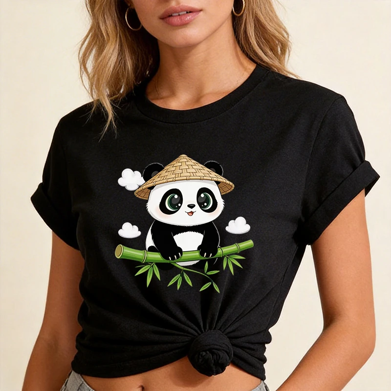 Women's Y2k Cute Cartoon Summer T Shirt Female 90s Casual Girl O Neck Tshirt Funny Kawaii Panda Print Black Tops Tees Clothing