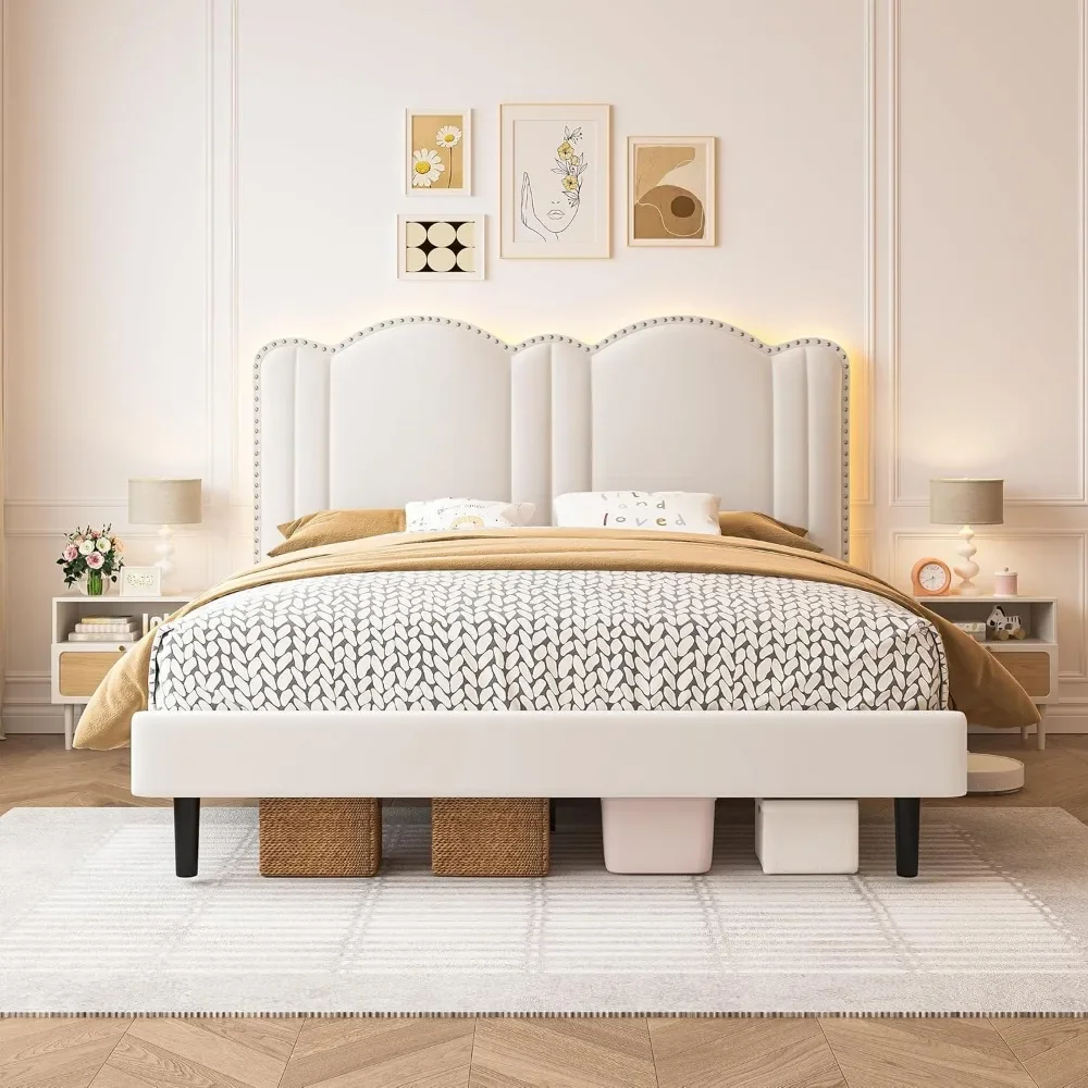 

Queen Upholstered Bed Frames with LED, Adjustable Cloud Headboard, Strong Support, No Box Spring Needed, Queen Bed Frame