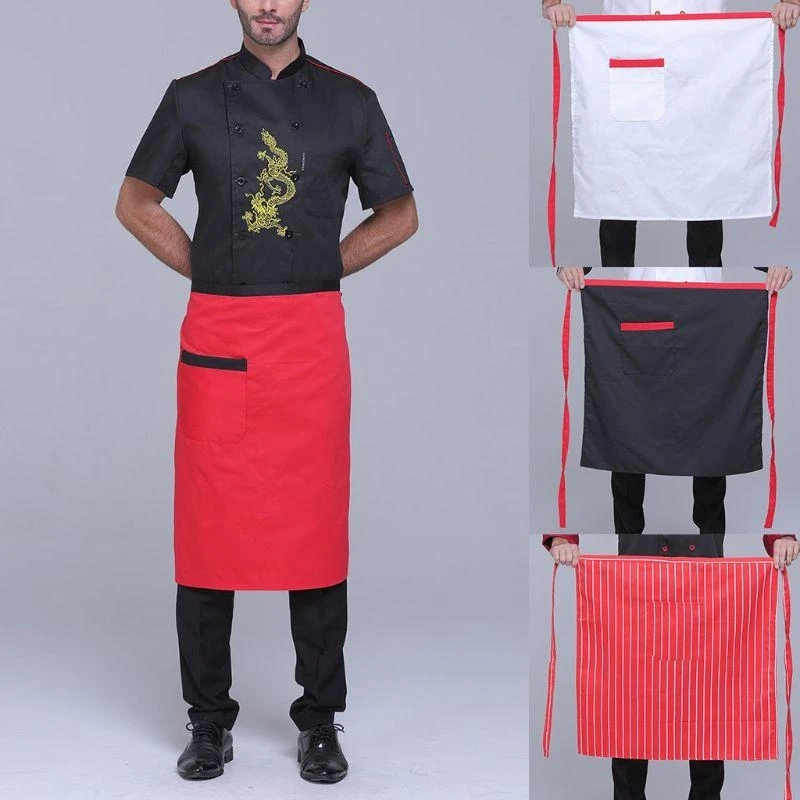 R1WE 68x68 Grembiule mezzo corto da donna a righe unita con tasca e cravatte lunghe per cameriera cucina chef