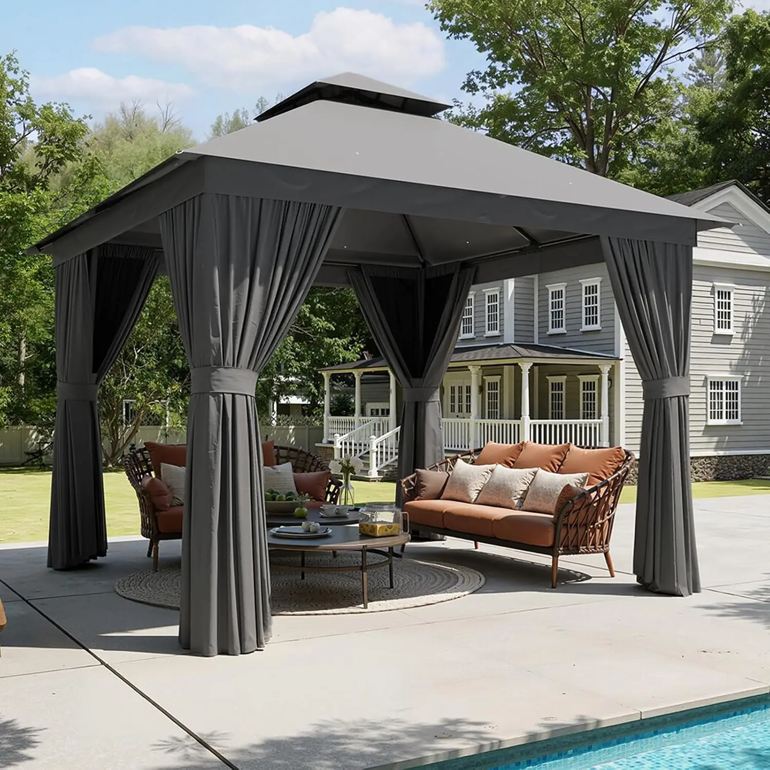 10x10 Gazebo Canopy Steel Frame Double Roof Water-resistant UV Protection 250 lb Capacity Ropes Bolts Gray, Customized