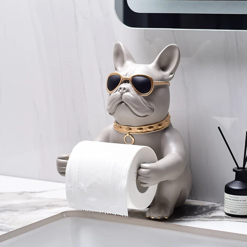 European-style French Bulldog tissue holder, dog ornament for toilet, bathroom, washbasin, tissue box, paper roll holder decorat