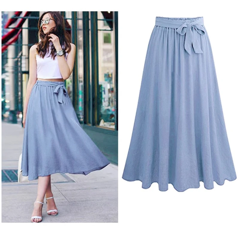 Chiffon-Röcke mit Schleife für Damen, mittellang, hohe Taille, A-Linie, große Swing-Röcke, süßes Rosa, einfarbig, Sommer, Neu 8536
