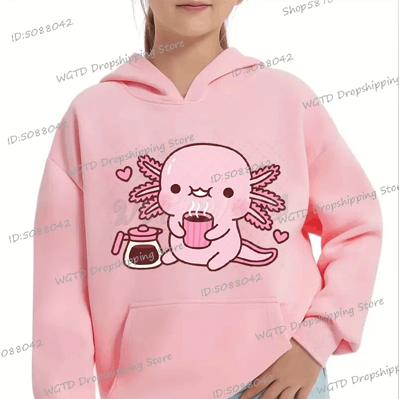 Hoodies Axolotl Loves Hot Coffee Funny Y2K Sudaderas Cartoon Girls Boys Axolotl Graphics Sweatshirt Cute Axolotl Kids Pink Hoody