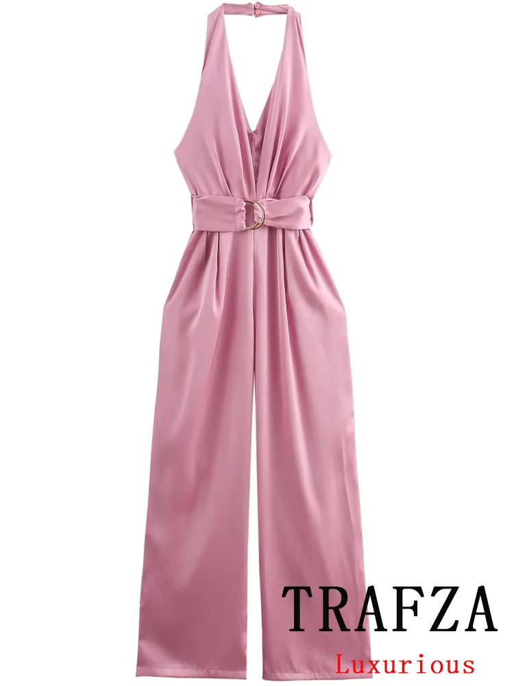 

TRAFZA Vintage Chic Women Jumpsuit Solid Halter Sashes Backless Zipper Loose Pants New Fashion 2024 Summer Holiday Chic Bodysuit
