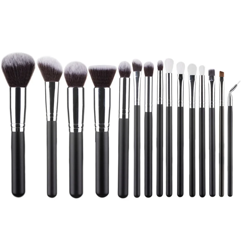 15-Make-up-Pinsel-Set, Roségold-Pinsel-Set, schwarze Faserborsten, Holzgriff, Make-up-Werkzeuge mit neuem Pinseltasche