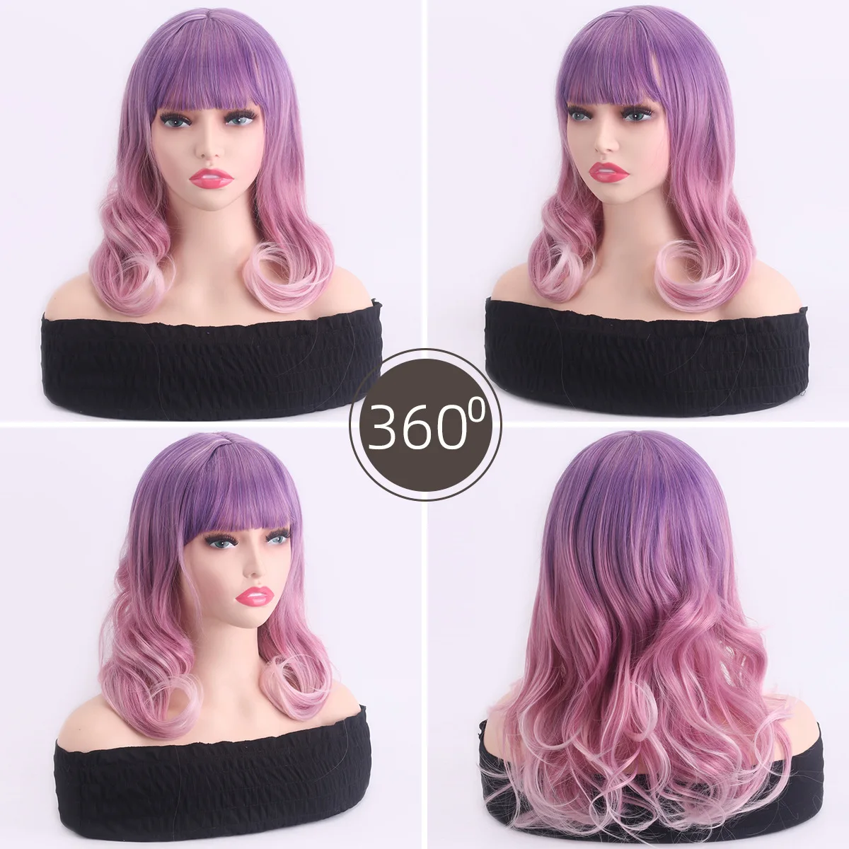 European and American wig women's fashionable bangs purple gradient curly hair wig set