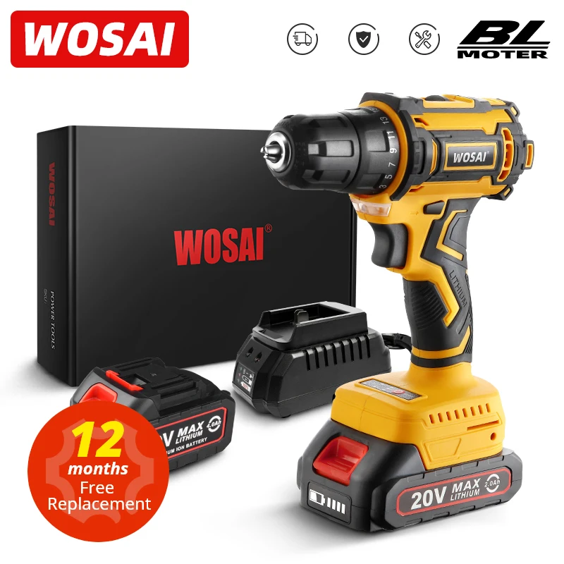 

WOSAI 20V Brushless Drill 50N.m Electric Screwdriver Lithium-Ion Battery Cordless Drill 25+1 Torque Settings 2-Speeds Power Tool