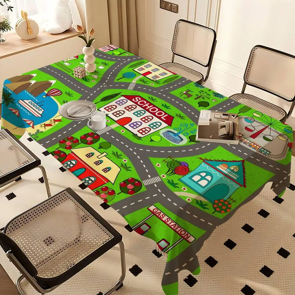 Cartoon Road Rectangle Tablecloths Printed Table Cloth for Farmhouse Holiday Wedding Party Dining Table Decor