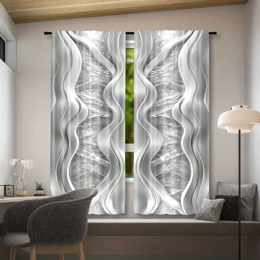 Metallic Silver Wave Window Curtains 2 Panels, 3D Stereo Curve Glitter Silver Shiny Minimalist Art Print for Luxury Room Curtain