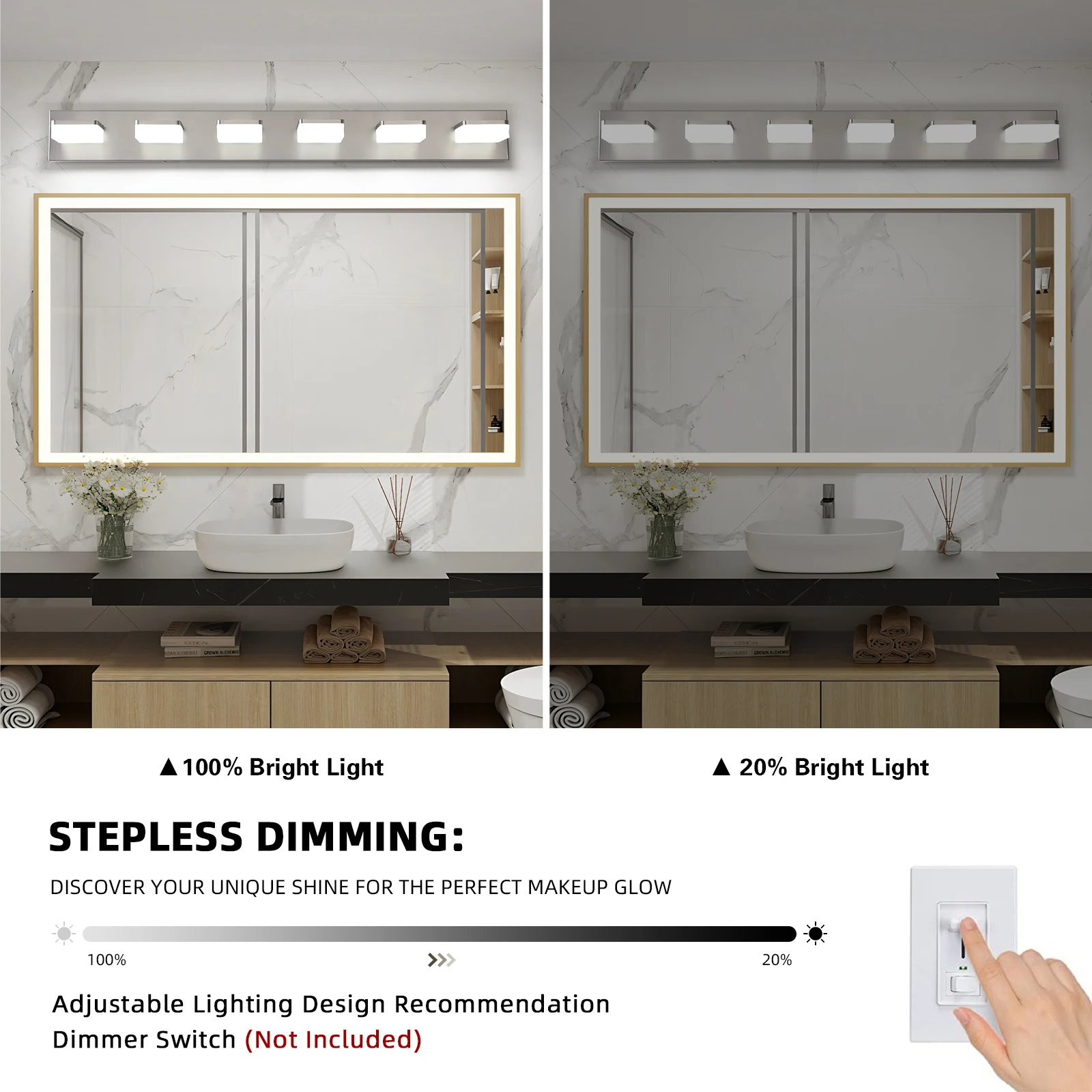 Perlengkapan Kamar Mandi Peredupan LED 6 Lampu 38,98 Inci-5500K 36W Berkabel Keras untuk Ruang Ganti