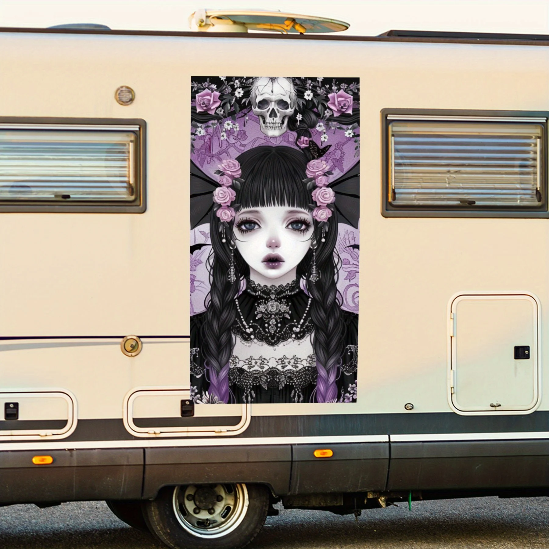 

Gothic Style Girl with Roses ArtCar Sticker,Vinyl decal on the side of the motor home, waterproof self-adhesive vinyl sticker on