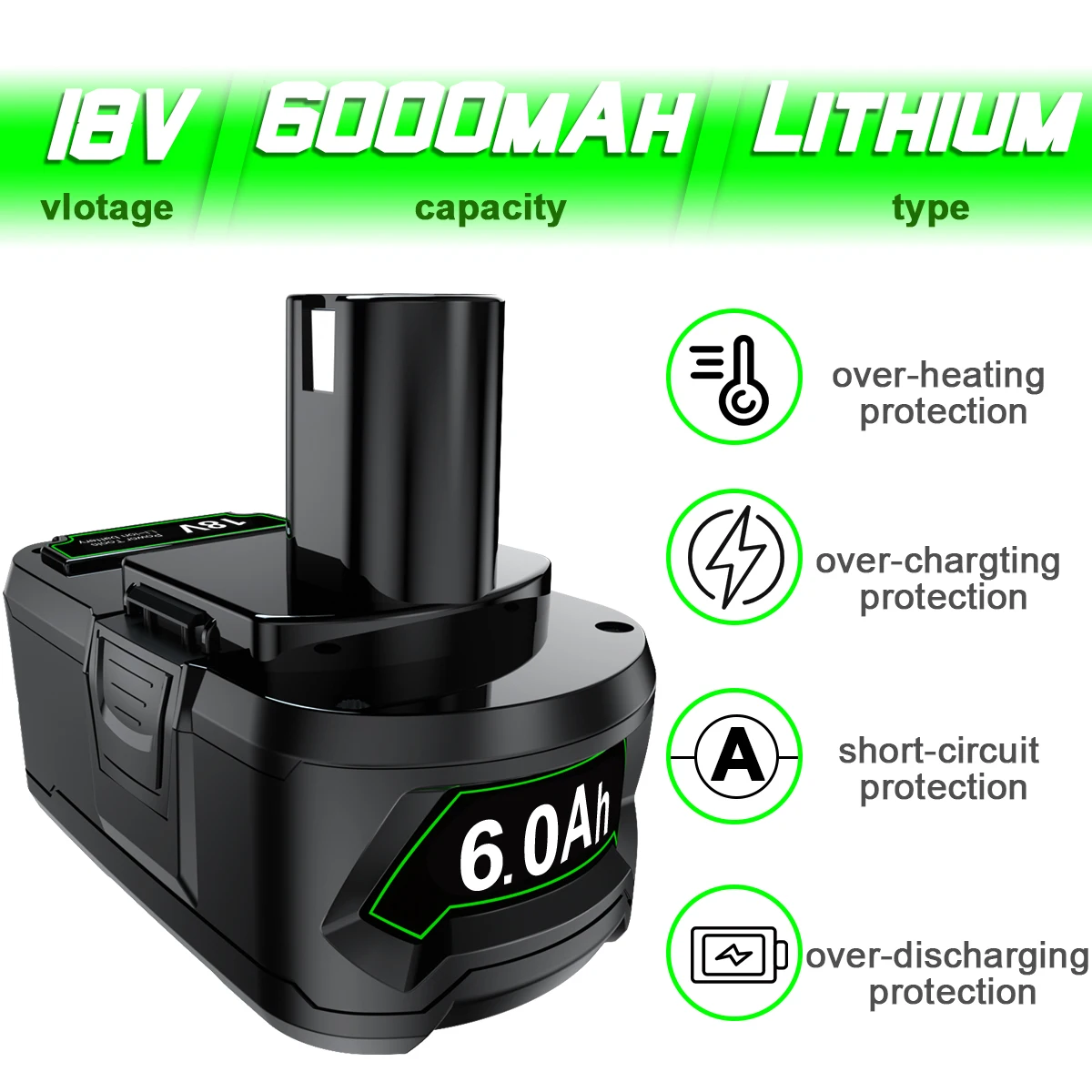 6000mah Battery Lithium For Ryobi P108 P102 P103 P104 P105 Battery Cordless Drill Tool 18-Volt For One+ With Tool Battery Holder