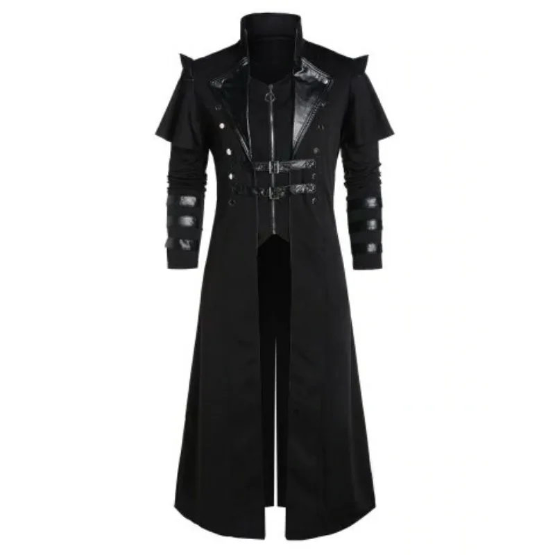 Vintage Men\'s Gothic Steampunk Long Jacket Trench Coat Retro Medieval Warrior Knight Overcoat Male Victoria Long Coat Plus Size