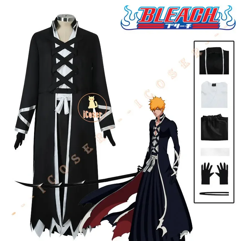 Anime Bleach Kurosaki Ichigo Cosplay Costume Thousand-Year Blood War Wig Black Shinigami Attire Outfit Uniform Halloween Men Set