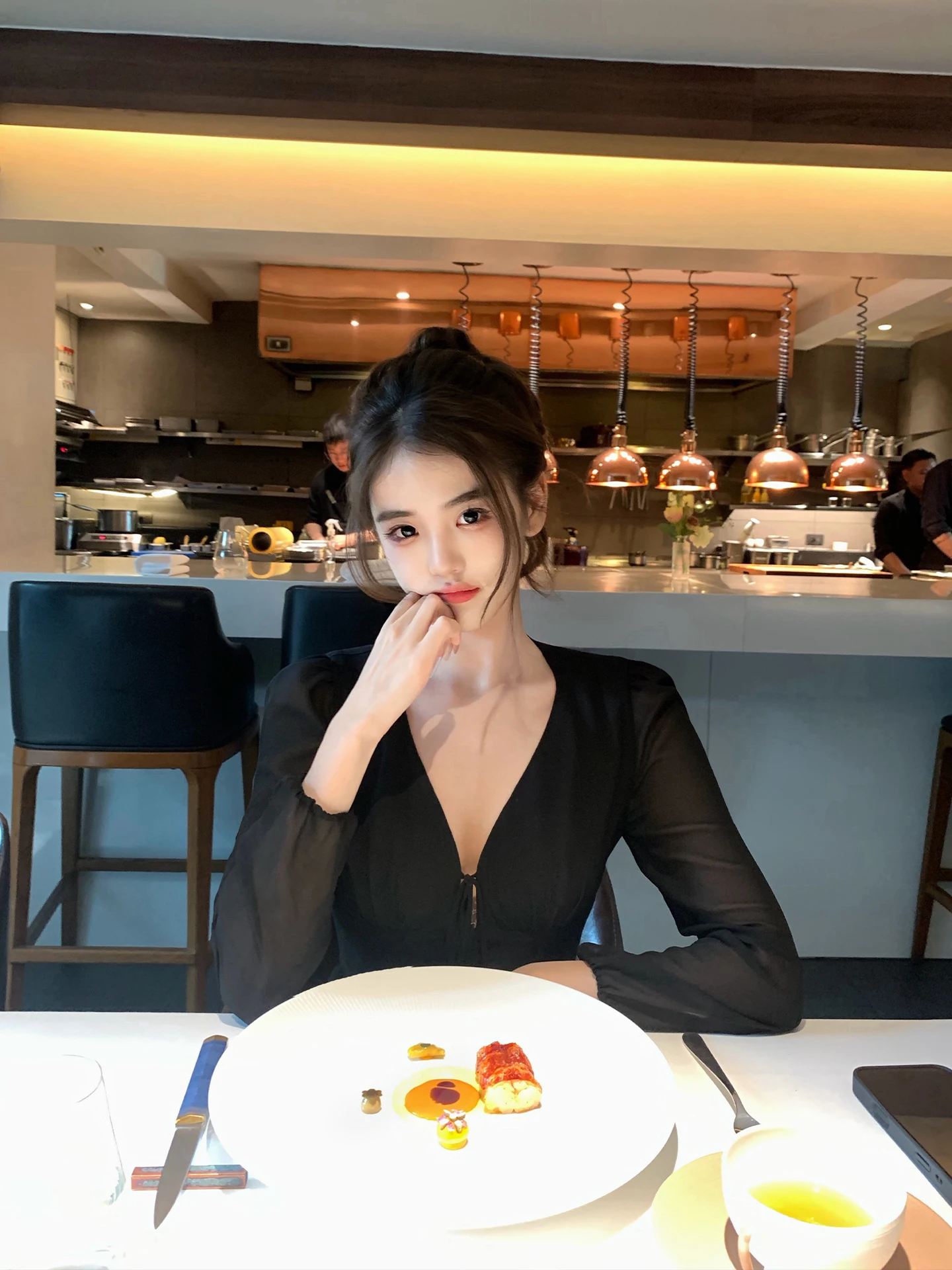 

Black GYOKUU Fine Dining 2026ss Chiffon Dress Waist-Cinching Long Sleeve Cleanfit Soft Polyester Citywalk Slim Fit Style