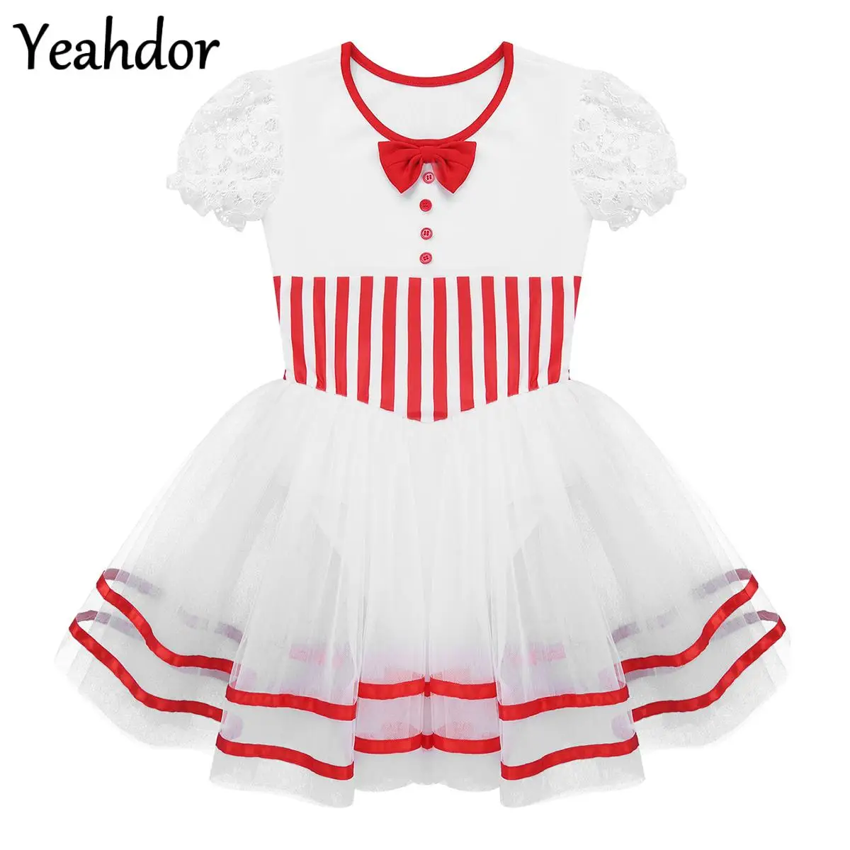 

Girls Christmas Ballet Dance Tutu Dress Lace Puff Sleeves Stripe Print Bow Mesh Candy Can Dress Gynastics Skating Leotard Dress