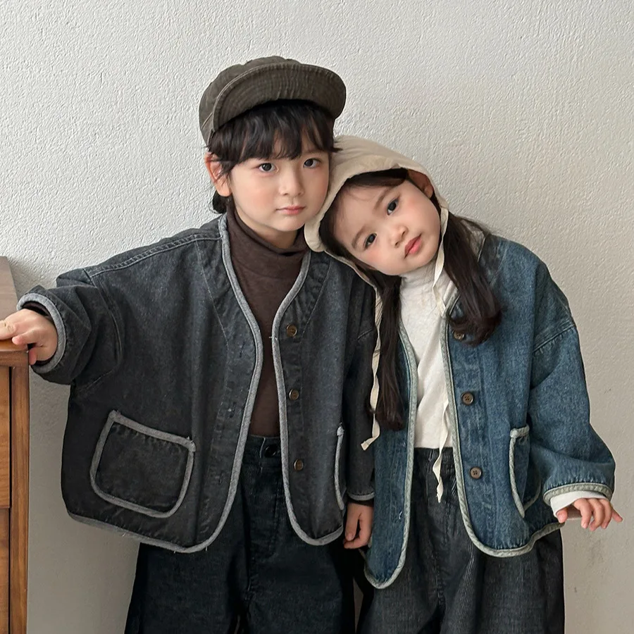 

New Autumn Children's Denim Jacket 1-7 T Simple Solid Color Boys Jacket Korean Loose Thin Girls Coat Children Outwear Tops