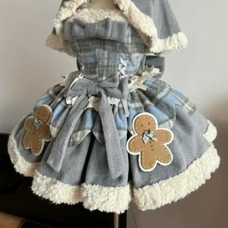 Winter Japanische Süße Lolita Grau 2-teiliges Set Chic Cape + Nette Patchwork Kleid Neue Mode Harajuku Kawaii Frauen Warme kleidung Anzug