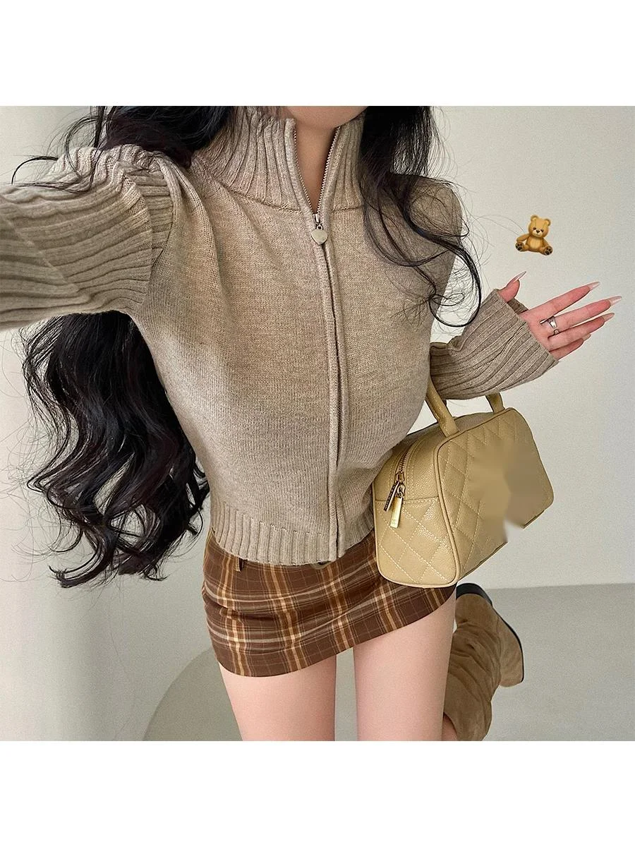 WOMENGAGA American Standing Neck Zippered Cardigan Slim Long Sleeved Embroidered Knit Sweater Fashion Tops Autumn Winter Top N8Y