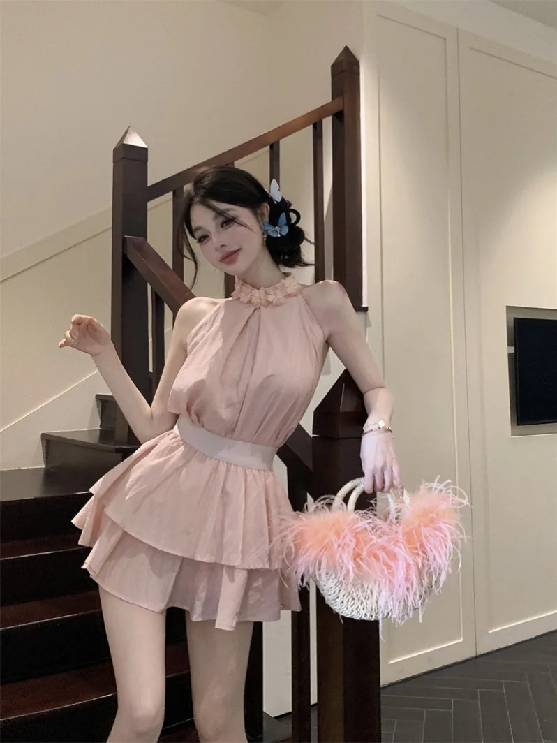 

2024 Summer New Women Two Piece Skirt Sets Sexy Mature Halter Neck Sleeveless Vest Tops + High Waist A Line Mini Skirt Outfits