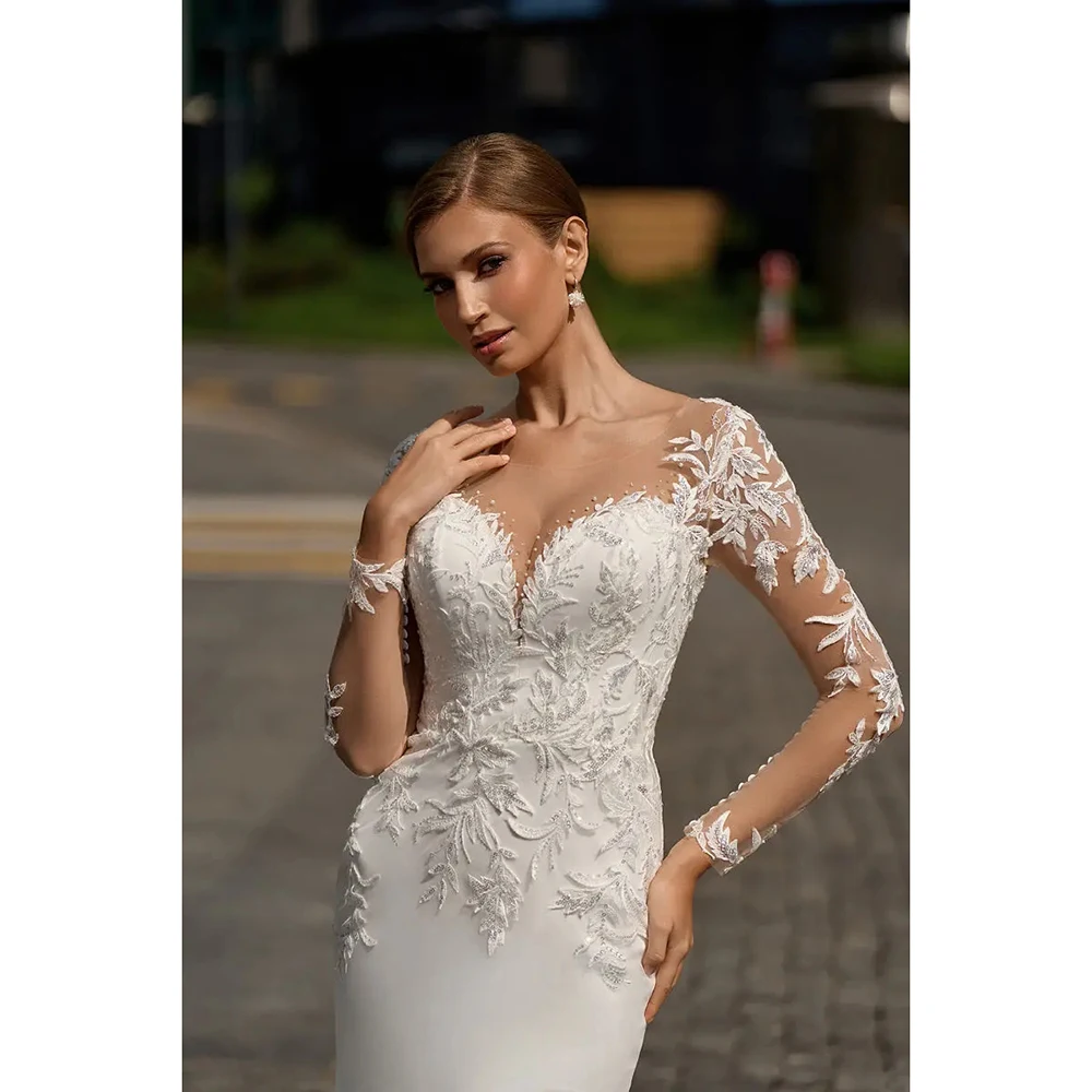 Vestido de novia de sirena con escote en forma de corazón, vestido de novia de manga larga con cuello redondo de tul, apliques de encaje personalizados, vestido de novia con lentejuelas