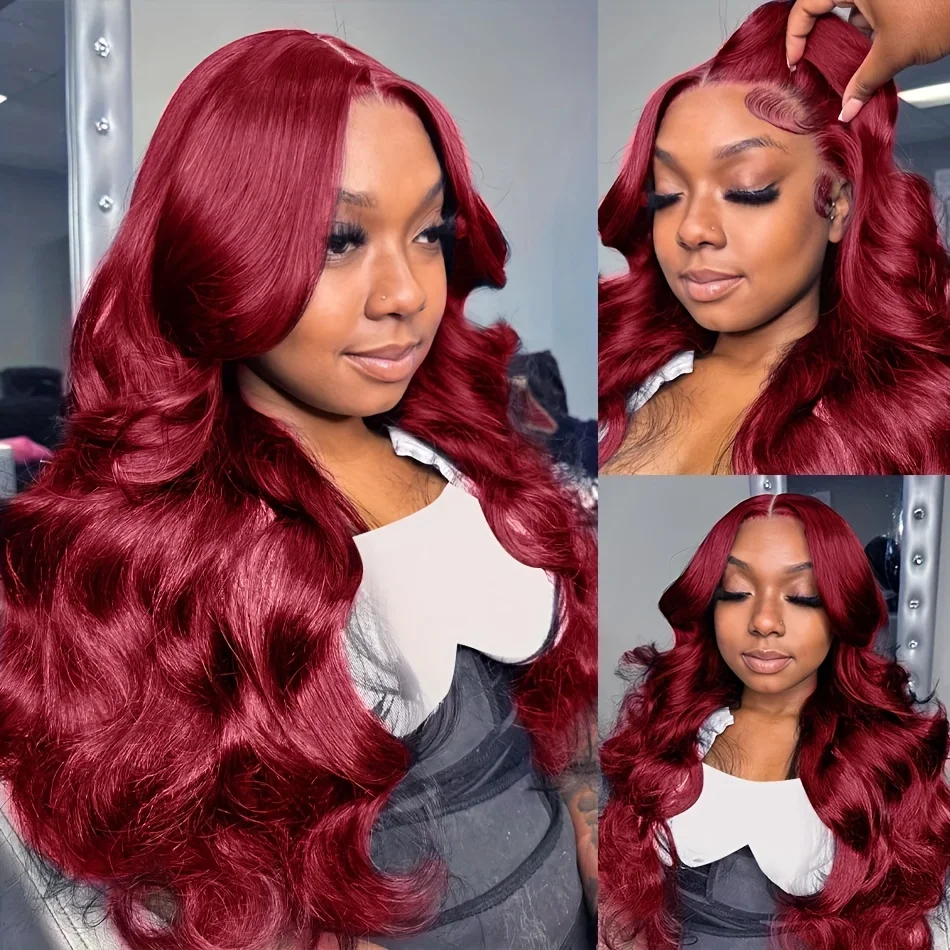 Kepadatan 220 30 inci 99J Burgundy tubuh Brasil gelombang 13x6 renda Frontal Wig 13x4 rambut manusia renda depan Wig anggur merah berwarna