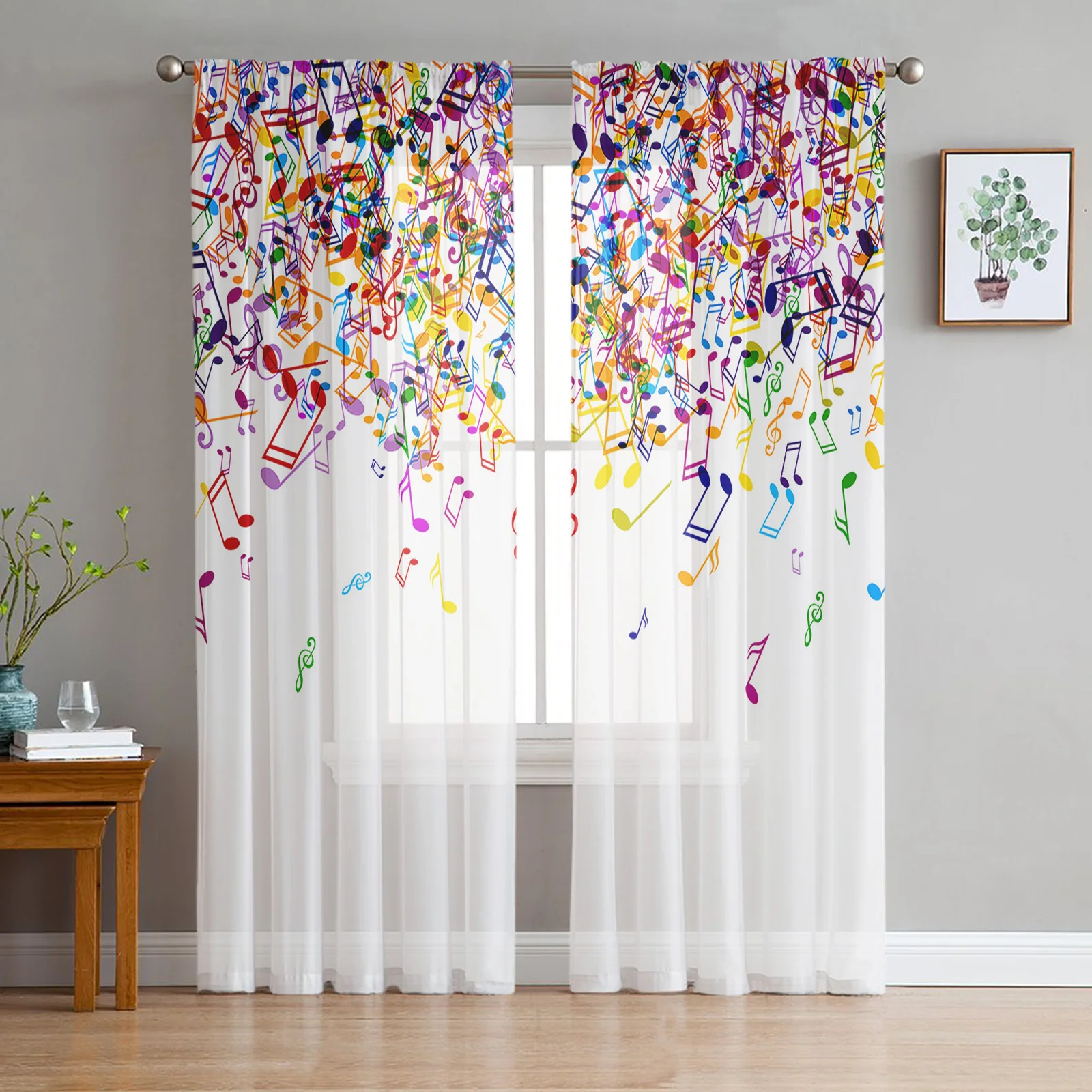 Music Musical Note Colorful Sheer Curtains for Living Room Decoration Window Curtains for Kitchen Tulle Voile Organza Curtains