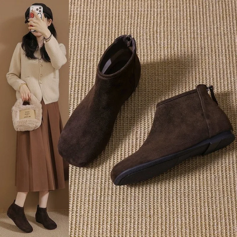 

Western Maillard Booties Women 2025 New Winter Fleece Brown Skinny Boots French Flat Boots