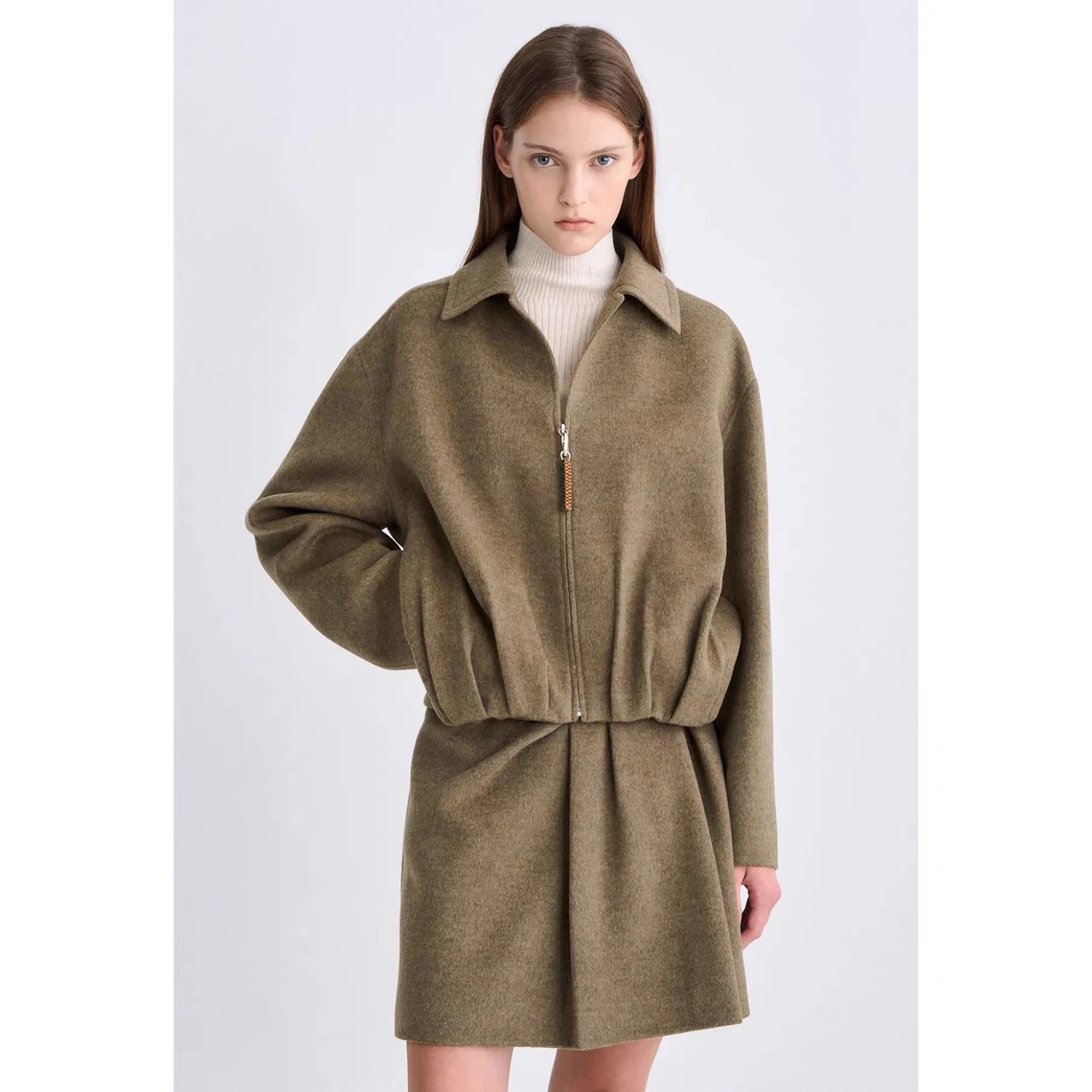 

TIM25 Autumn Lemon Cheese Simple Elegance Folded Collar Pleated Loose ort Woolen Jaet Outerwear for Women Commute Sle