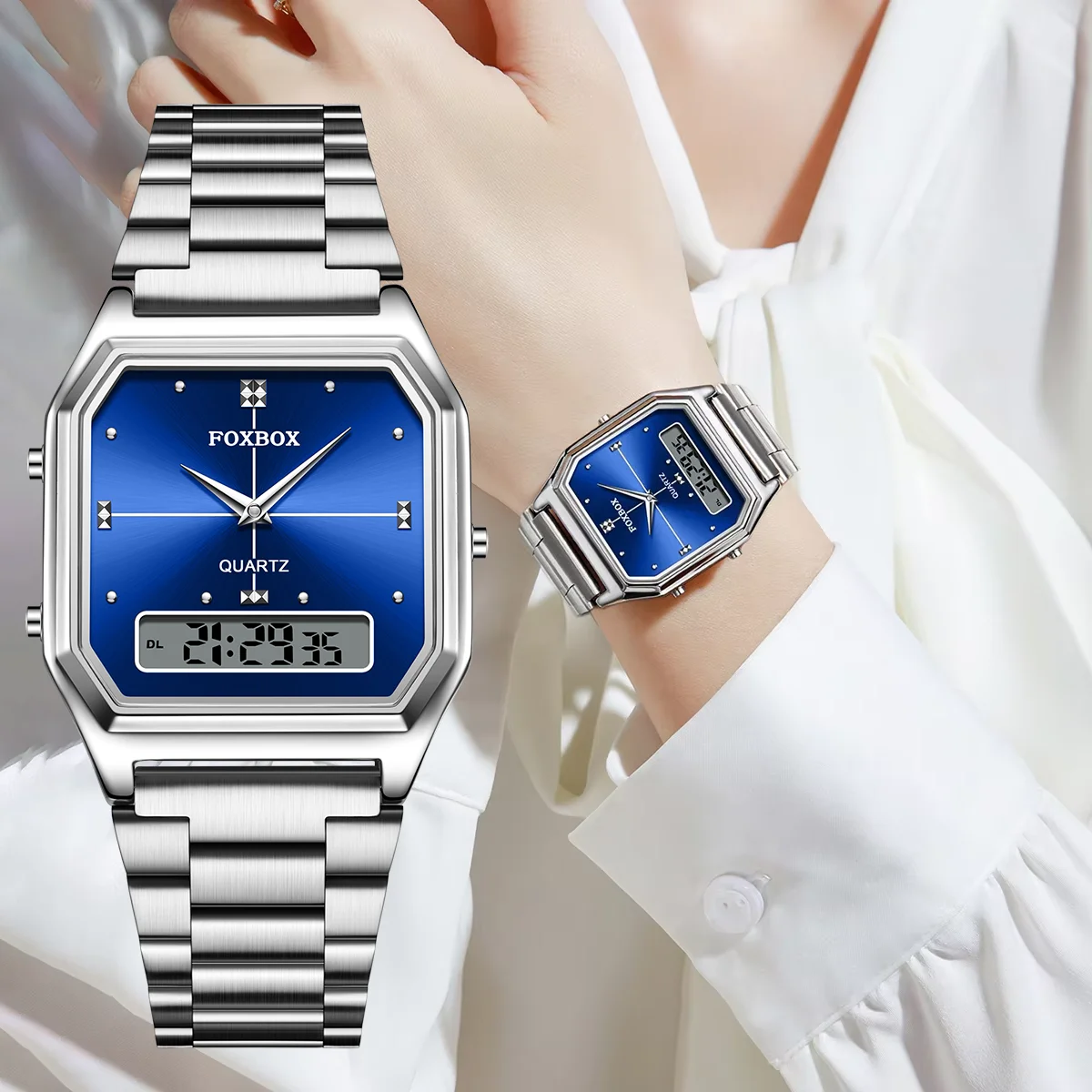 FOXBOX Luxury Quartz Watches for Woman Square Steel Waterproof Double Time Sport Leisure Digital Girl Wristwatches Women Clock