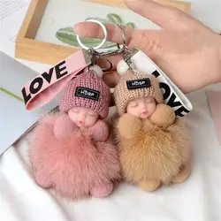 Cute Plush Keychain Sleeping Baby Doll Keychain Plush Kpop Accessories Pompom Keyring Toys For Girls Kawaii Keychain Bag Pendant
