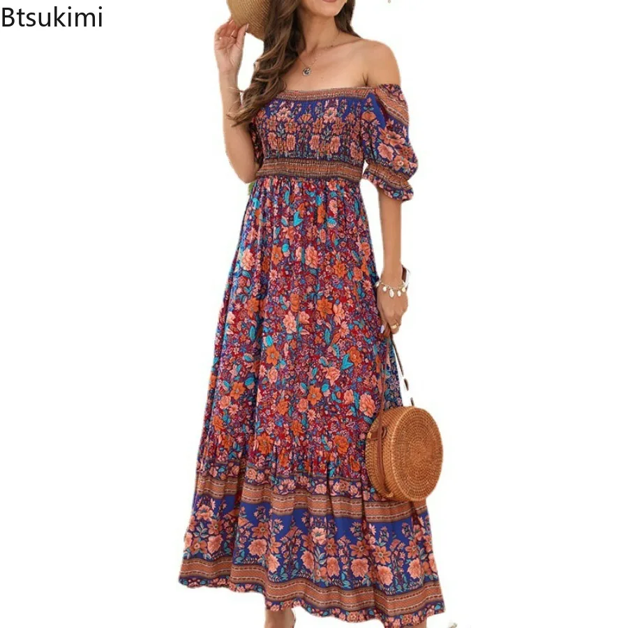 Nieuwe 2024 Dames Zomer Boho Bloemenprint Strand Zonnejurk Korte Mouw Vierkante Hals Ruche Geplooide Jurk Voor Meisjes Bohemien Jurk