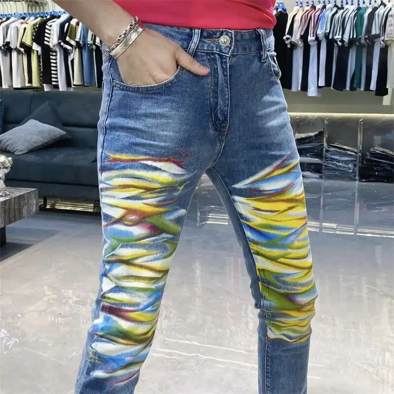 

Color Contrast Jeans Men's Skinny Jeans Men Printing Men Jeans Pants Men Streetwear Vaqueros Hombre 2024 Erkek Kot Pantolon