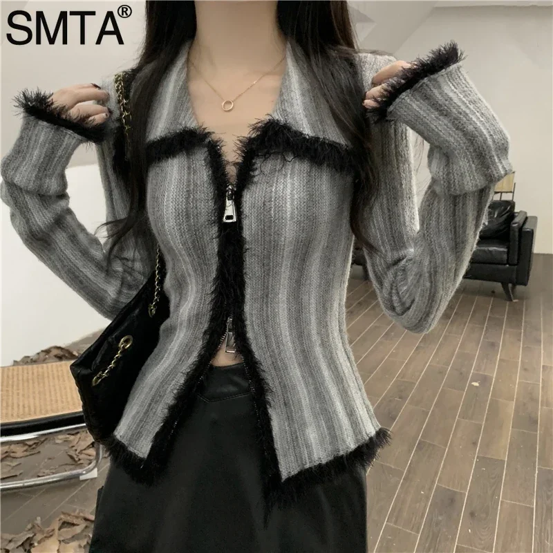 SMTA Vintage Gradient Polo Zipper Cardigan Women Autumn Winter 2024 Long Sleeve Cashmere Sweater Knitted Top Outwear Jumpers