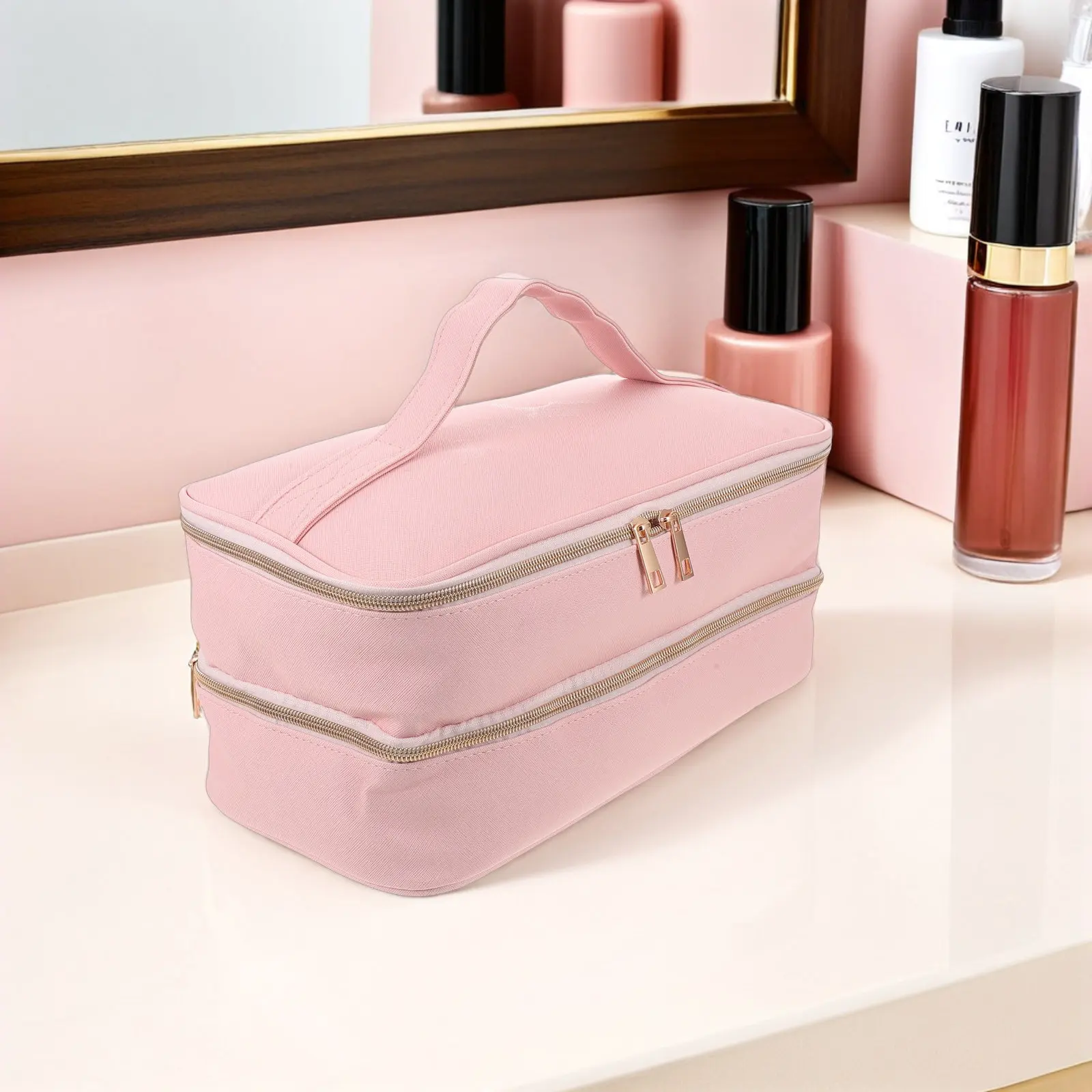 Double Layer PU Travel Hair Tools Storage Bag Portable Pink Shockproof Carrying Case Hair Dryer Curling Iron Organizer