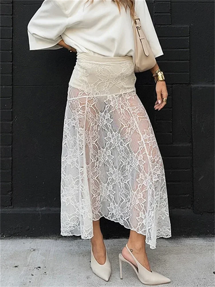 Lace Printed See-Through Long Skirt For Women High Waist Patchwork Elegant Contrast Slim Maxi Skirt Women's Autumn Clothes