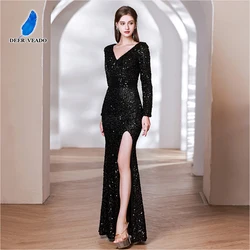 DEERVEADO Sexy Slit V Neck Black Sequins Evening Dress Women Mermaid Maxi Party Dresses Long Prom Dress