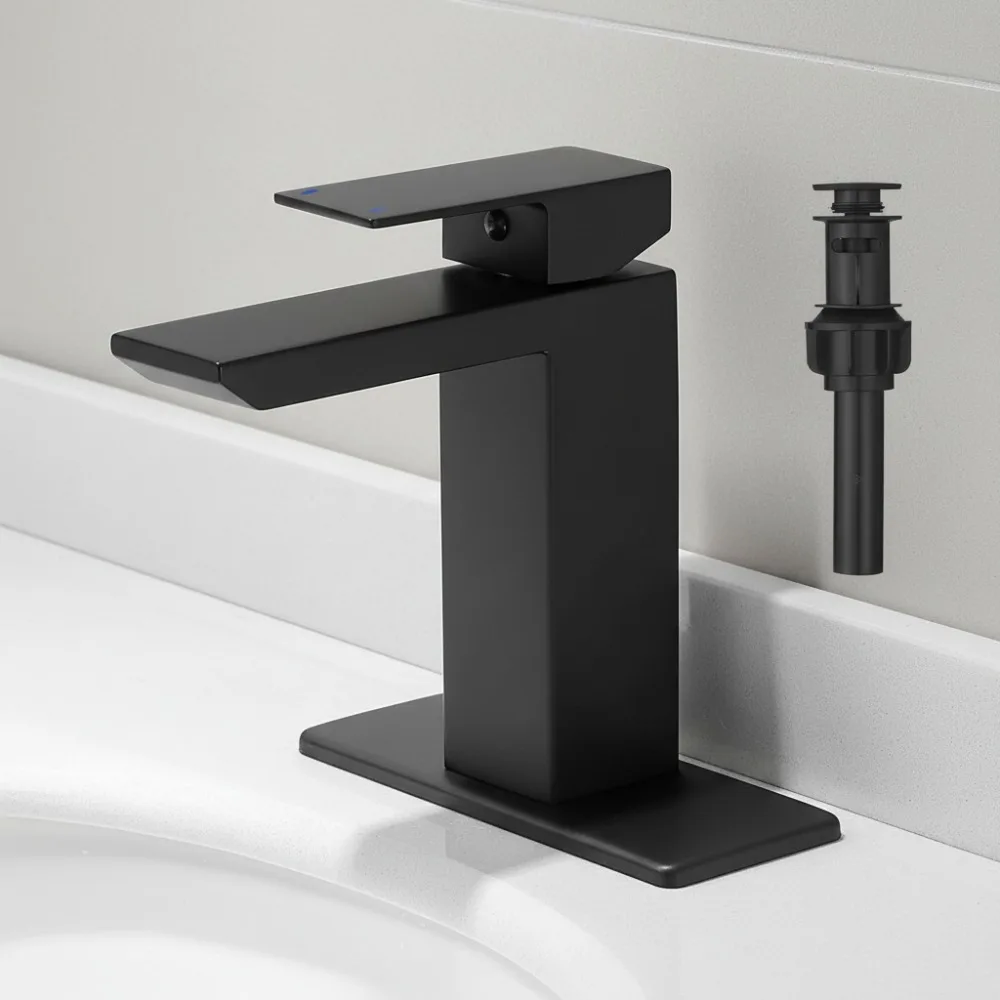 

Matte Black Bathroom Faucet Set with Pop Up Drain Single Handle Waterfall Spout Vanity Kit Stainless Steel