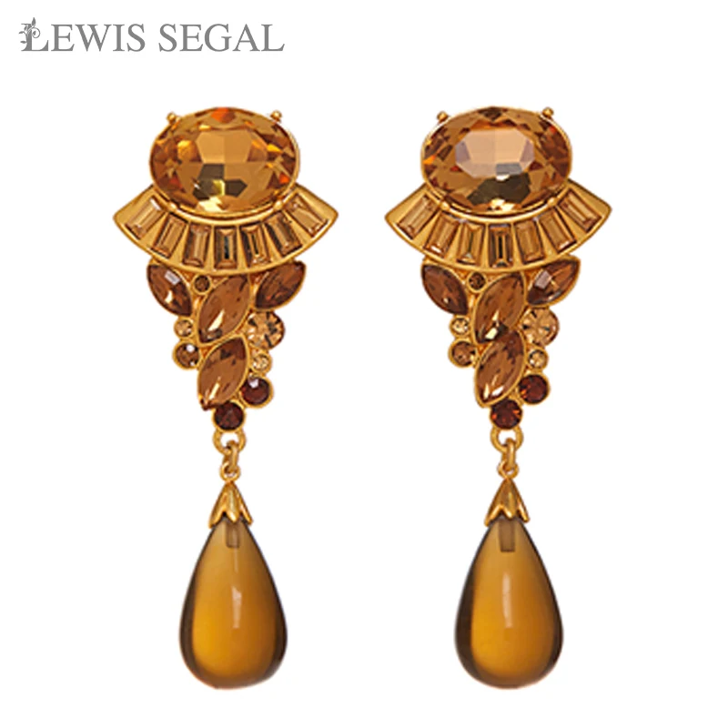 

LEWIS SEGAL Luxury Medieval Style Large Topaz Glass Stone Dangling Teardrops Earrings Fine Jewelry 18K Gold Plated