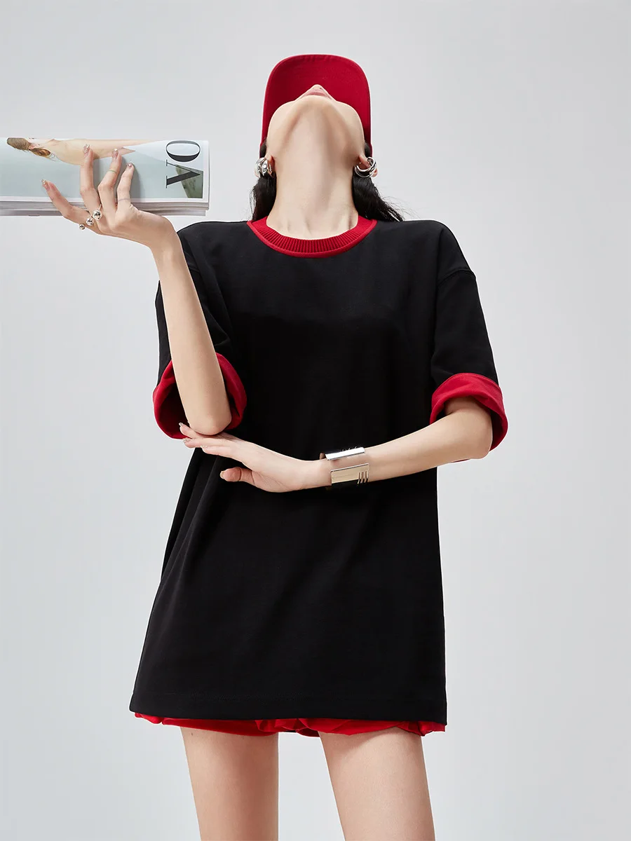 

American Casual Style Color Block round Neck Loose Sleeve Short Sleeve T-Shirt Summer New Simple Style Loose Top for Women