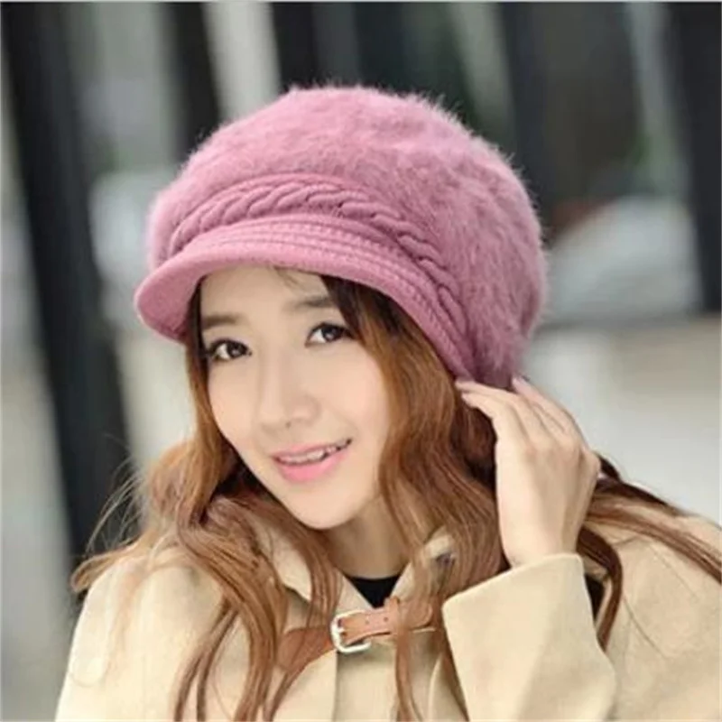 Casual Women Beret Hats Thick Rabbit Fur Cap Hair Wool Knitted Female Berets Winter Warm Cap Boina Skullies Cabbie Beanies Hats